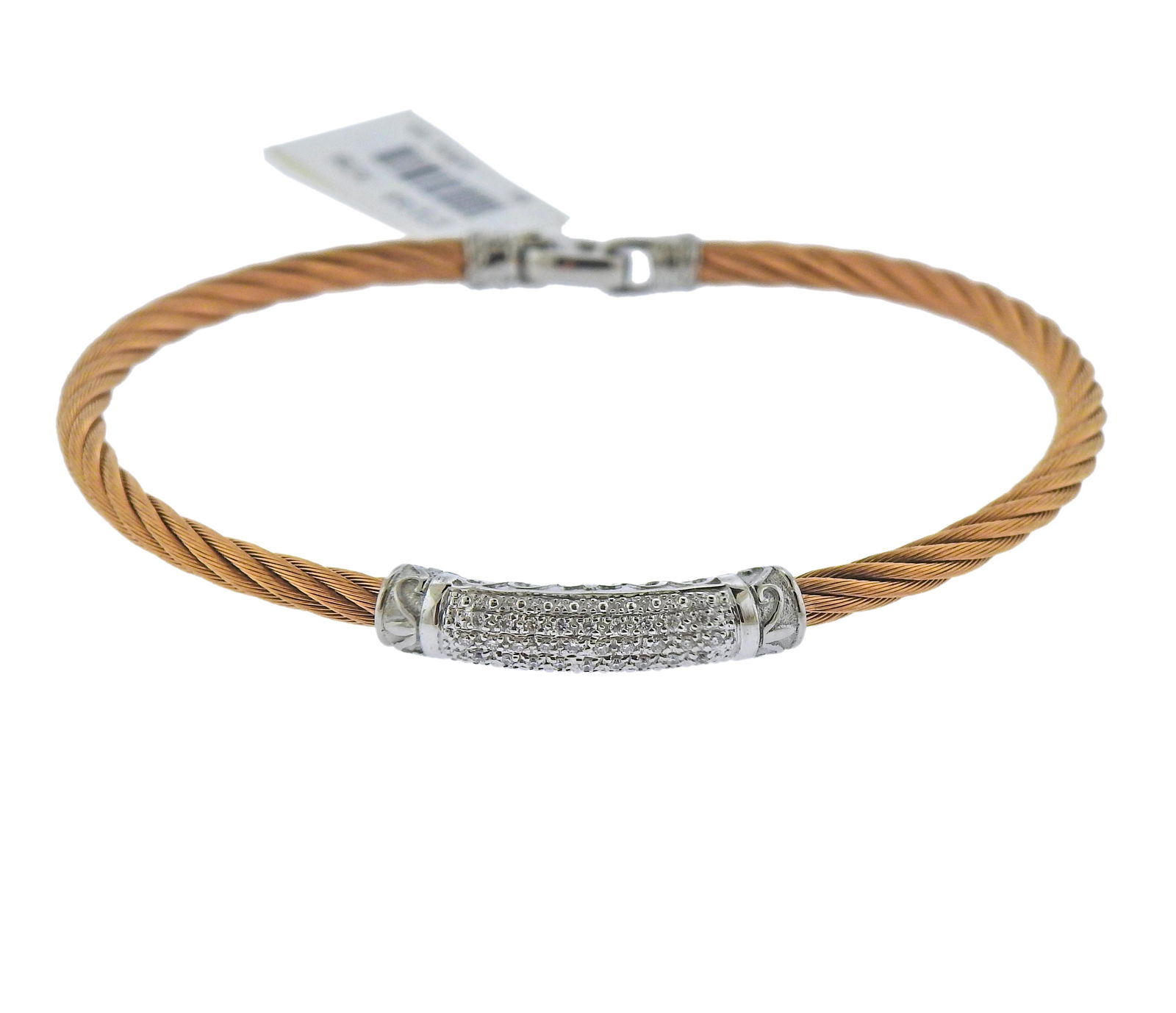 Charriol 18k Gold Rose Steel Diamond Bracelet: Brand new with tag Charriol bracelet in rose tone steel and 18k gold, with approx. 0.22ctw in diamonds. Bracelet will fit approx. 7.75" wrist and is 5.5mm wide. Marked: Charrio, Au750, Steel. Retail $