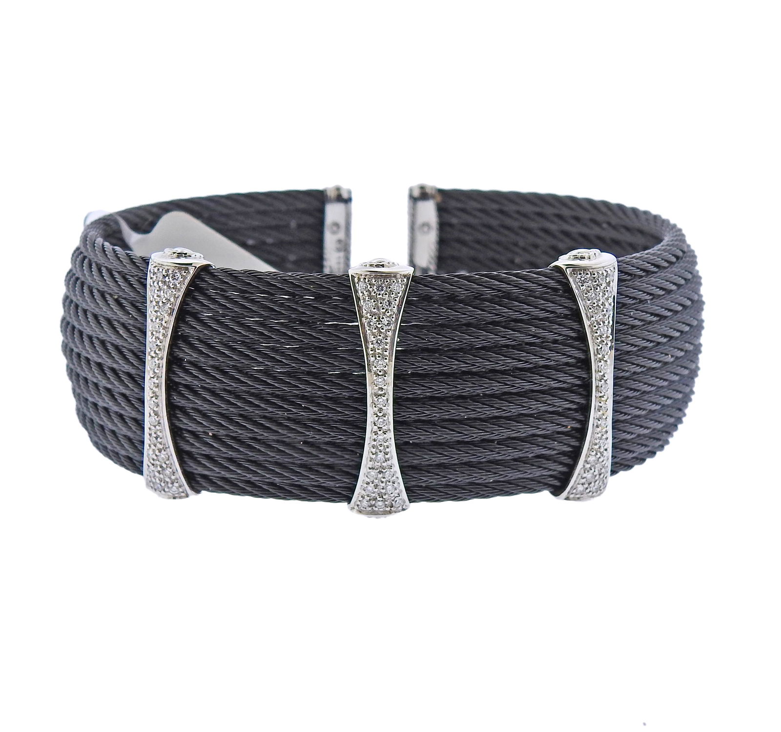 Charriol 18k Gold Steel Diamond Wide Bracelet: Brand new with tag Charriol 18k gold and black steel cuff bracelet with approx. 0.38ctw in diamonds. Bracelet will fit approx. 8" wrist and is 26mm wide. Marked: Charrio, Au750, Steel. Retail $2995. W