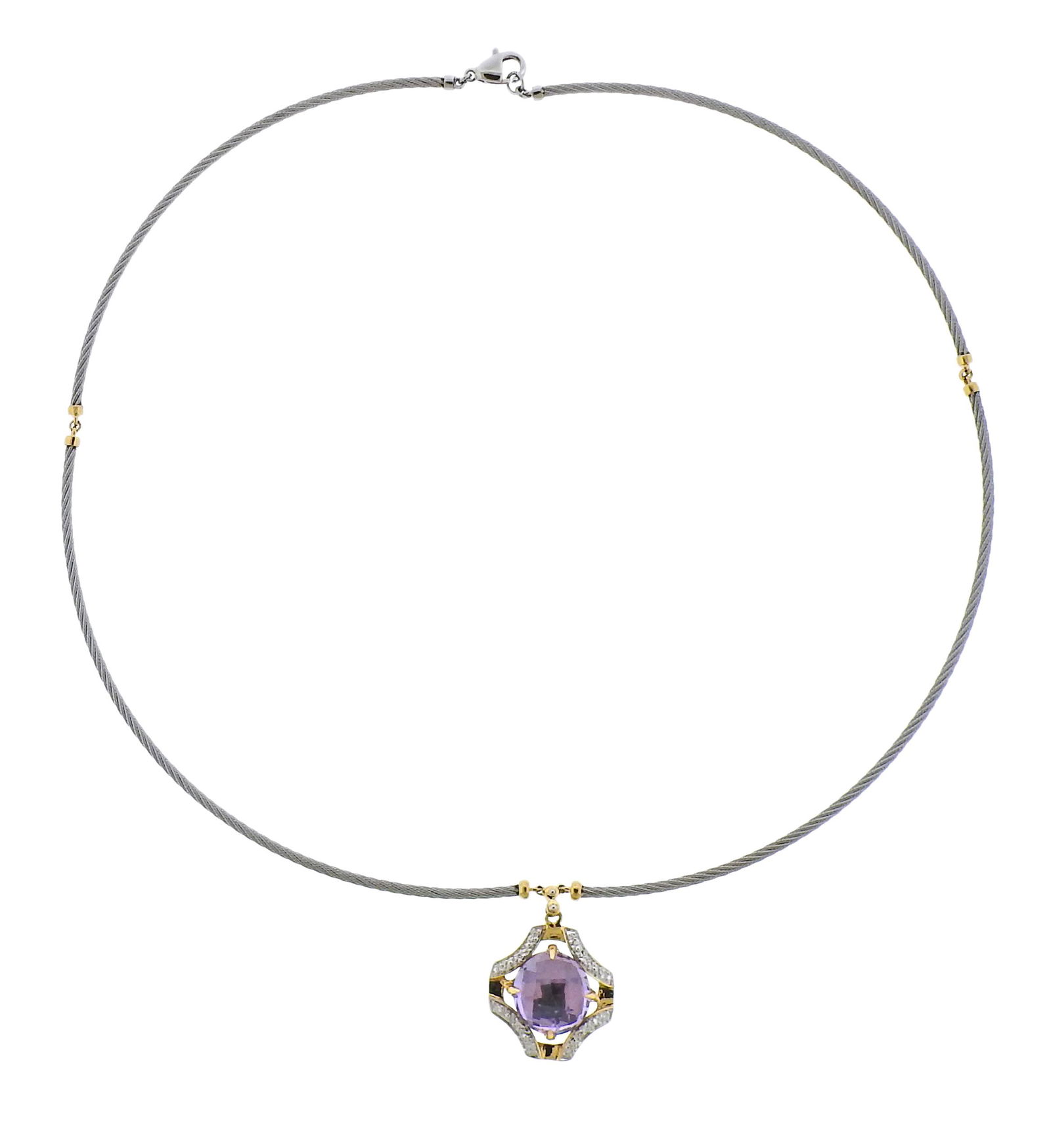 Charriol 18k Gold Steel Amethyst Diamond Pendant: Brand new Charriol pendant necklace, with amethyst and approx. 0.11ctw in diamonds. Necklace is 17" long, pendant 25mm x 20mm. Marked: Charriol, Au750, Steel. Retail $1975. Weight - 9.1 grams.