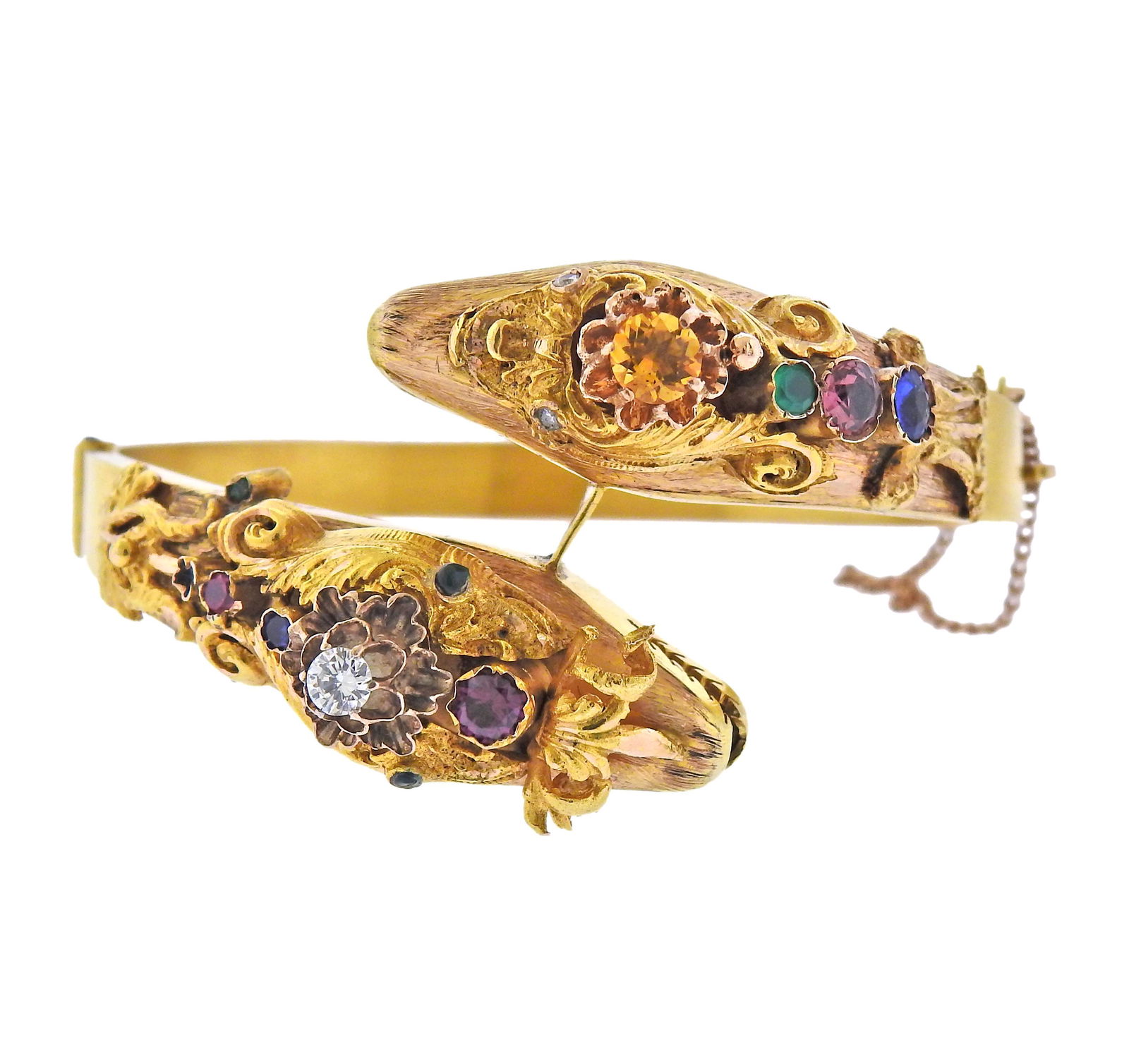 Antique 14k Gold Gemstone Diamond Snake Bypass Bracelet (1 of 5)