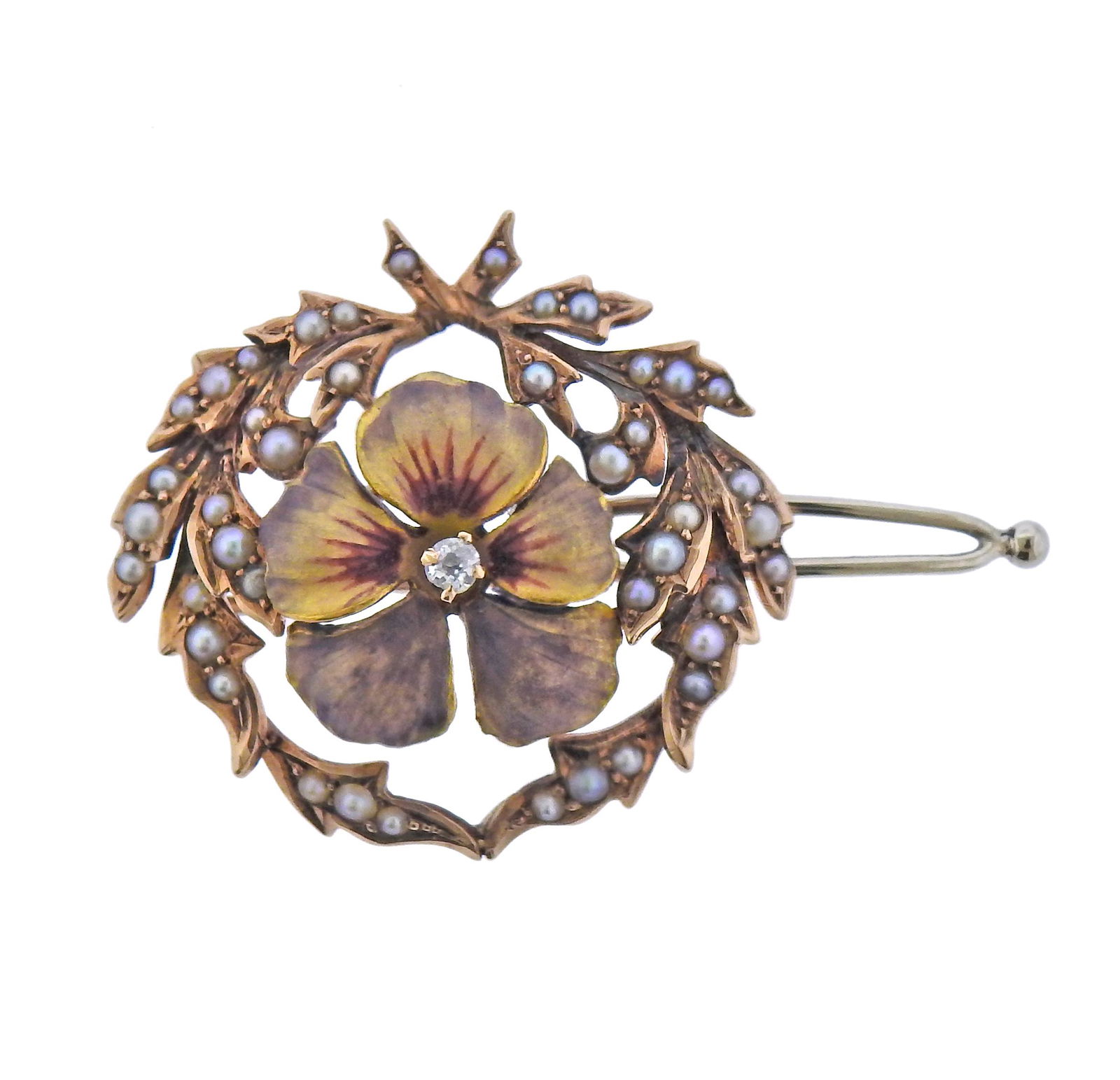 Antique Gold Pearl Diamond Enamel Hair Clip Barrette (1 of 3)