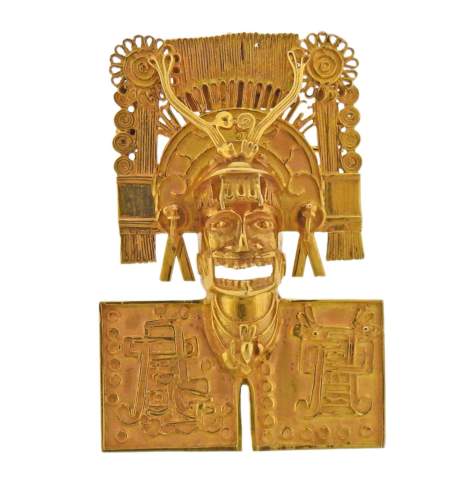 18K Gold Aztec God Mask Brooch Pendant (1 of 4)