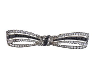 Art Deco Dreicer & Co Platinum Diamond Onyx Bow Brooch: Art Deco dreicer & Co platinum bow brooch set with approx. 0.66ctw in rose cut diamonds and onyx. Some onyx stones are chipped. Brooch is 53mm x 12mm. Marked: Dreicer & Co, tested Platinum. Weight - 7