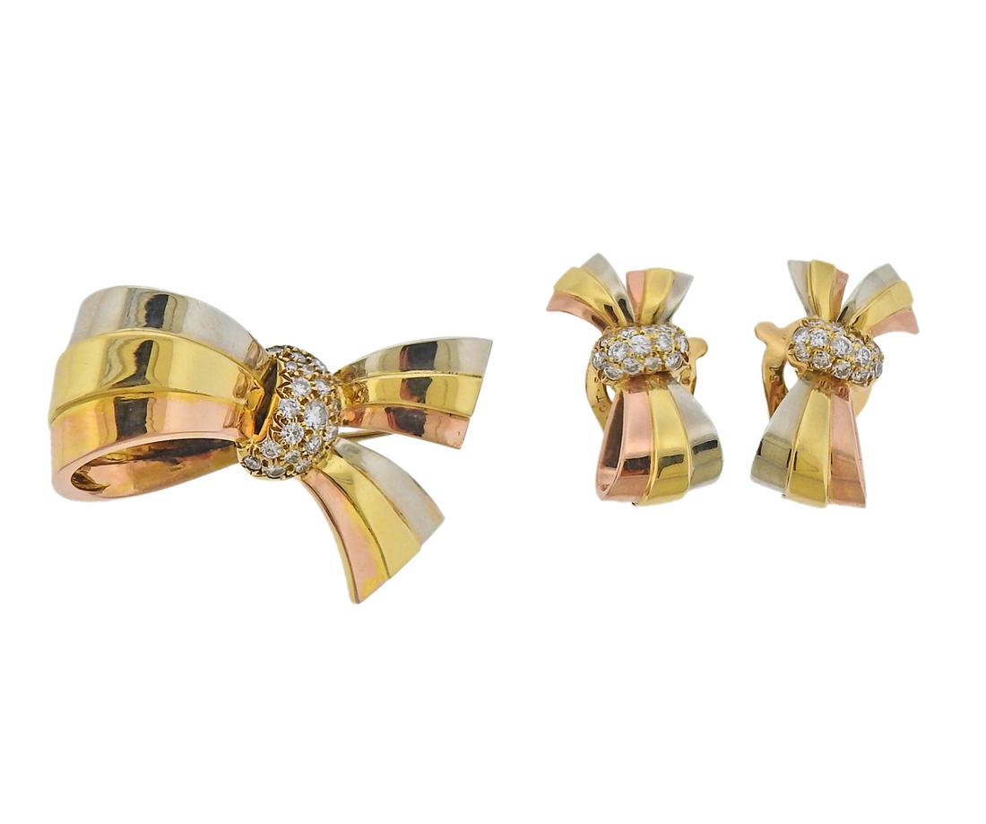 Van Cleef & Arpels Diamond 18k Gold Bow Earrings Brooch (1 of 7)