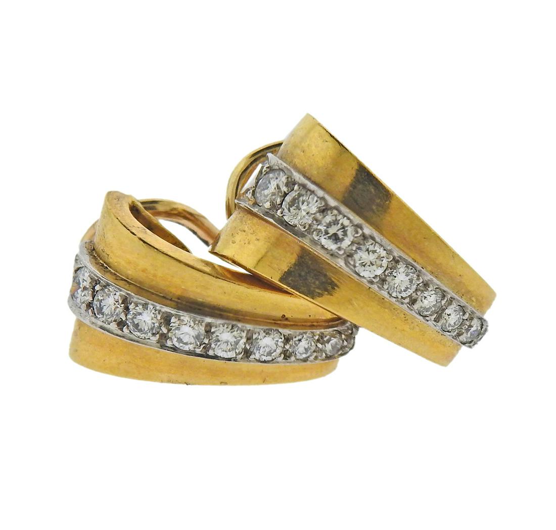McTeigue 18k Gold Diamond Earrings: 18k Yellow Gold Earrings Manufactured by McTeigue, set with approx 0.72ctw of diamonds. Measurements - 16mm long x 10mm wide at bottoms. Marked - McTeigue mark, 750. Weight - 12.3 grams.