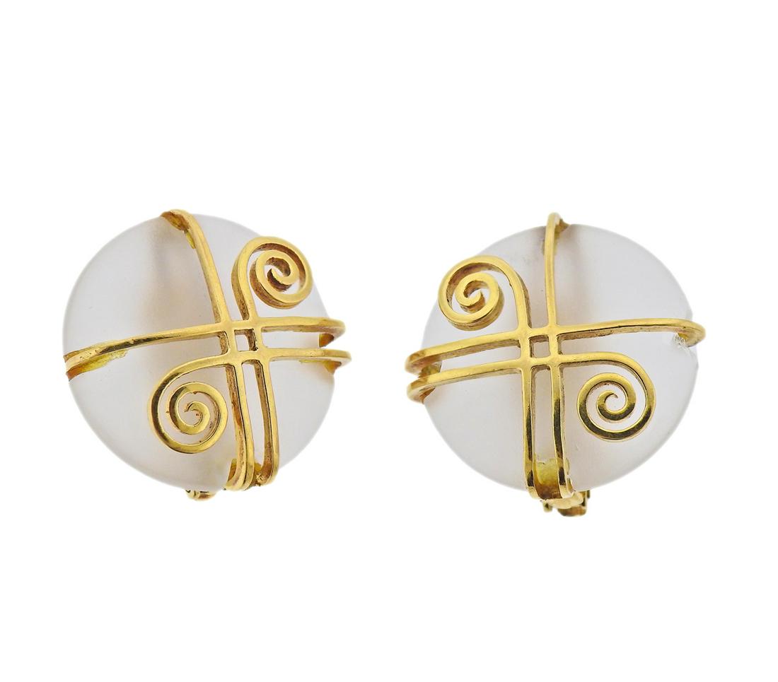 Lalaounis Greece Frosted Crystal 18k Gold Earrings (1 of 4)