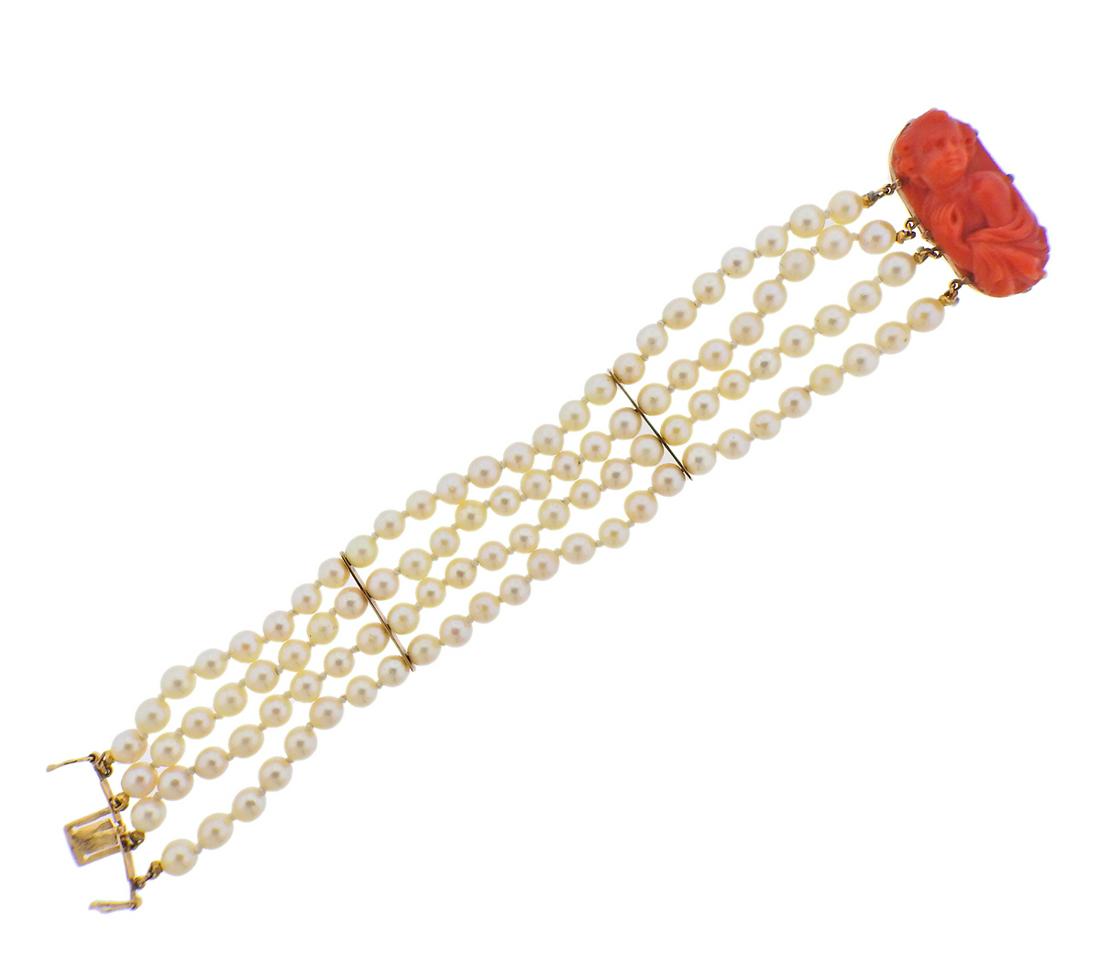 14k Gold Carved Coral Pearl Multi Strand Bracelet (1 of 4)
