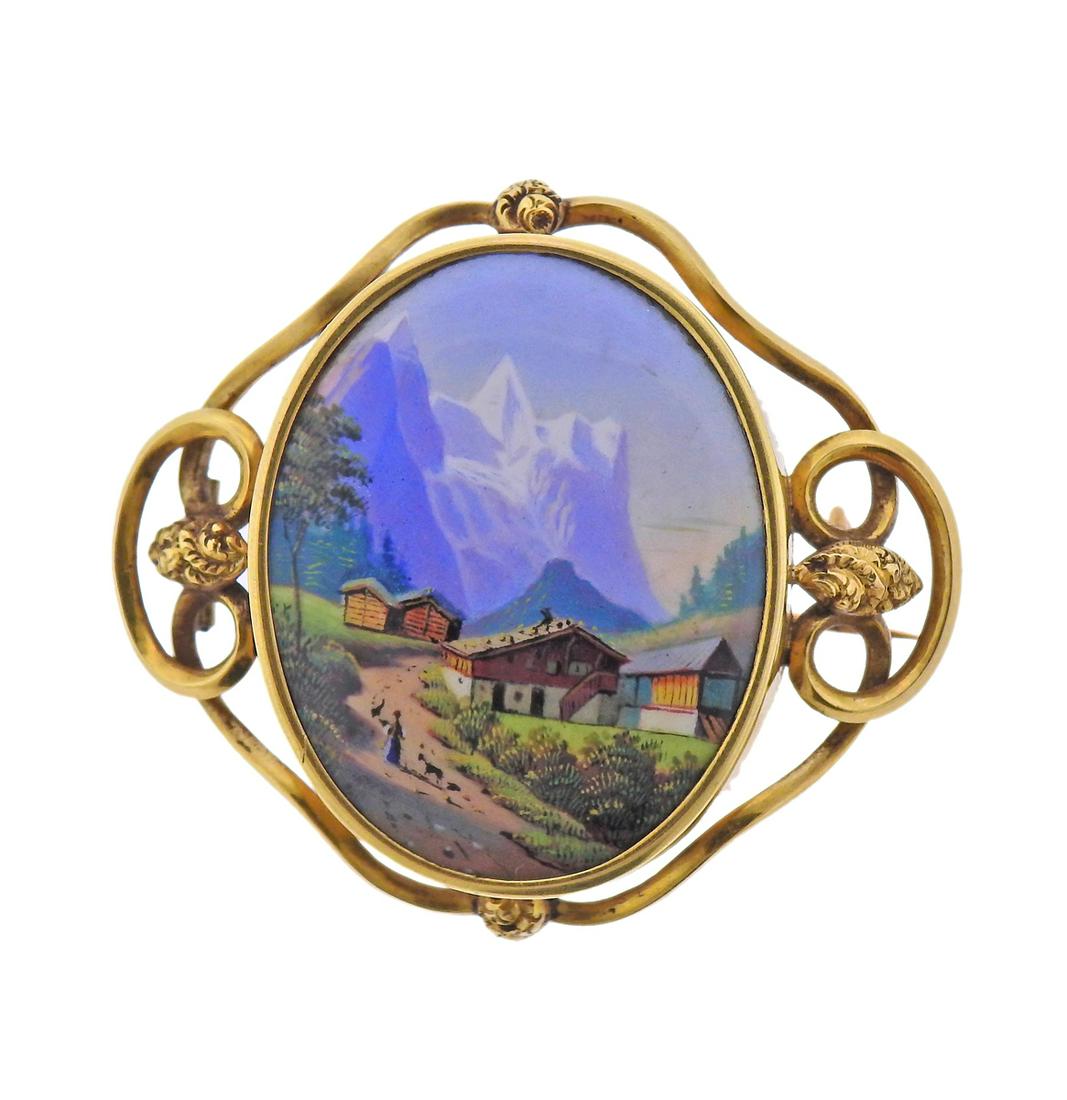 Antique 18k Gol d Miniature Porcelain Painting Brooch (1 of 3)