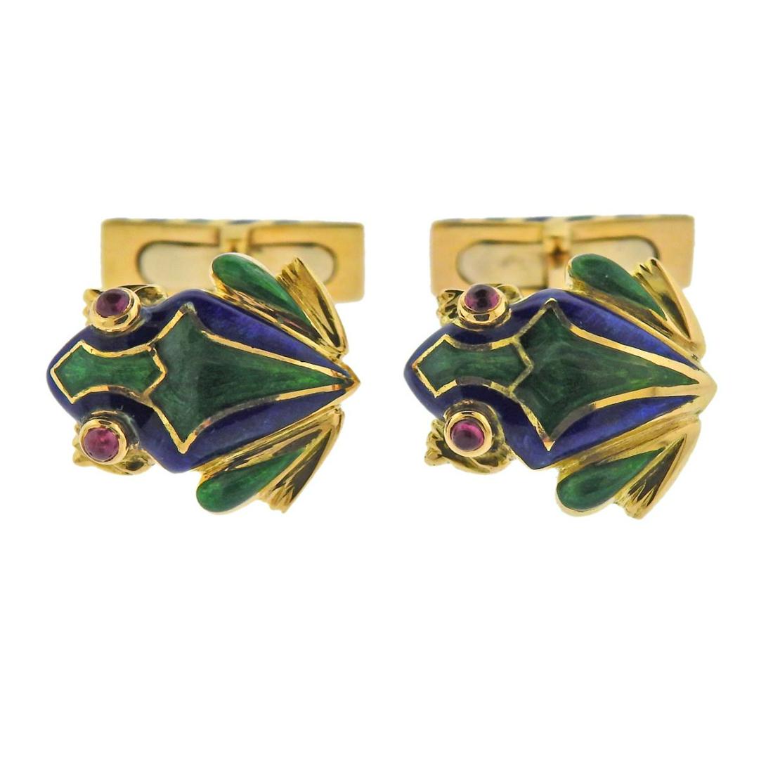 Piccini Enamel Ruby 18k Gold Frog Cufflinks (1 of 4)
