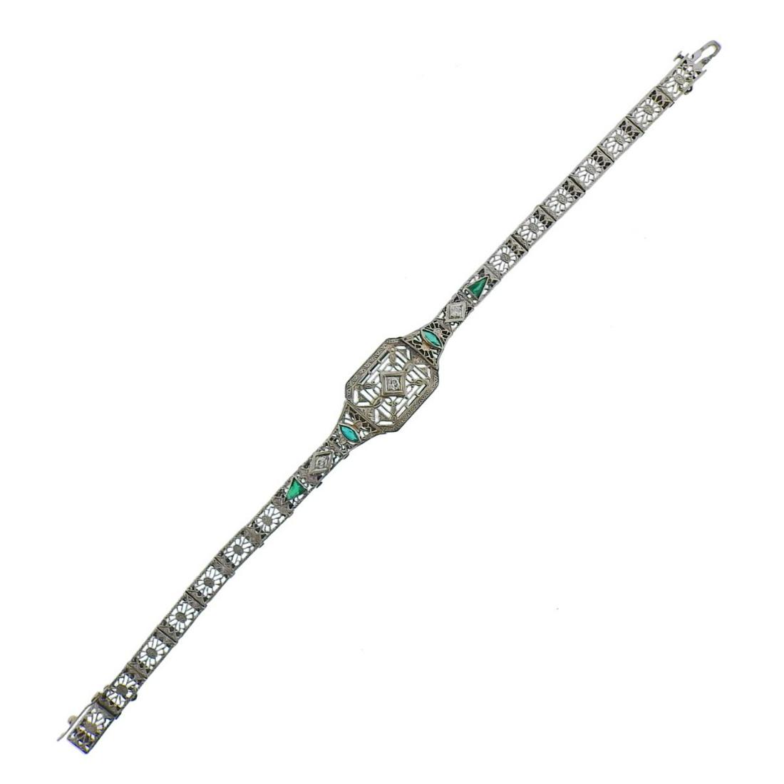 Art Deco Filigree 14k Gold Diamond Emerald Bracelet (1 of 5)