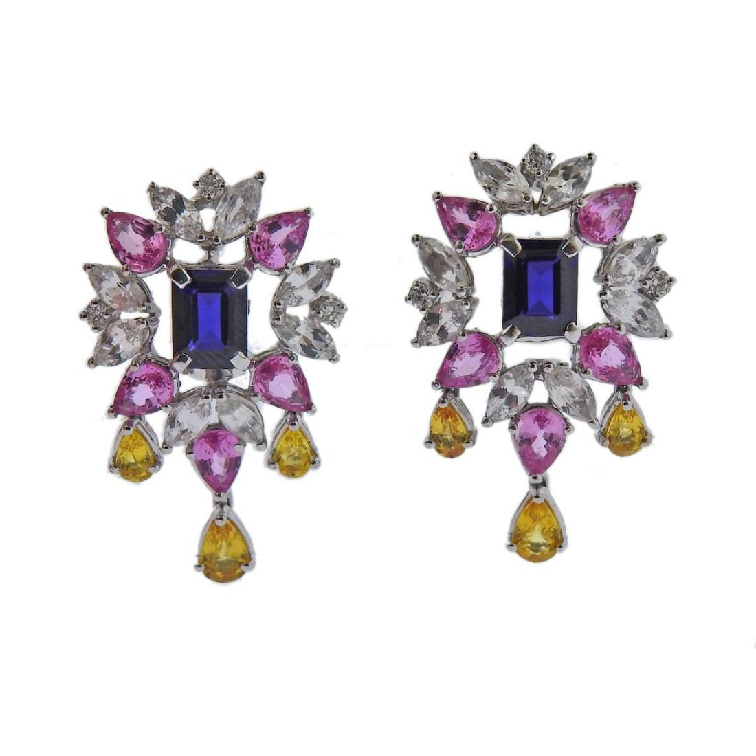 18k Gold Multi Color Sapphire Diamond Earrings (1 of 3)