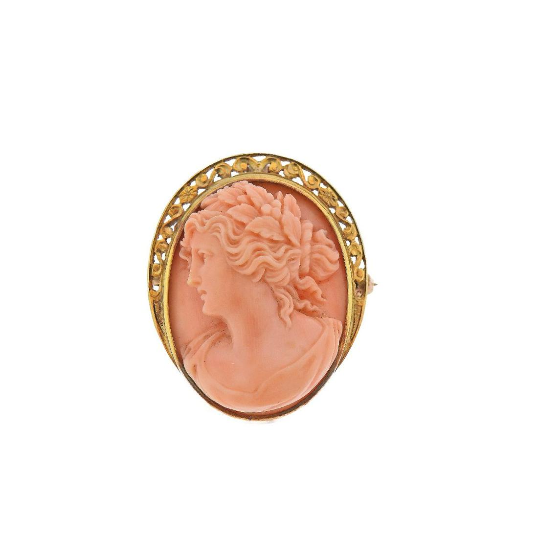 Antique Victorian 14k Gold Coral Cameo Pendant Brooch (1 of 3)