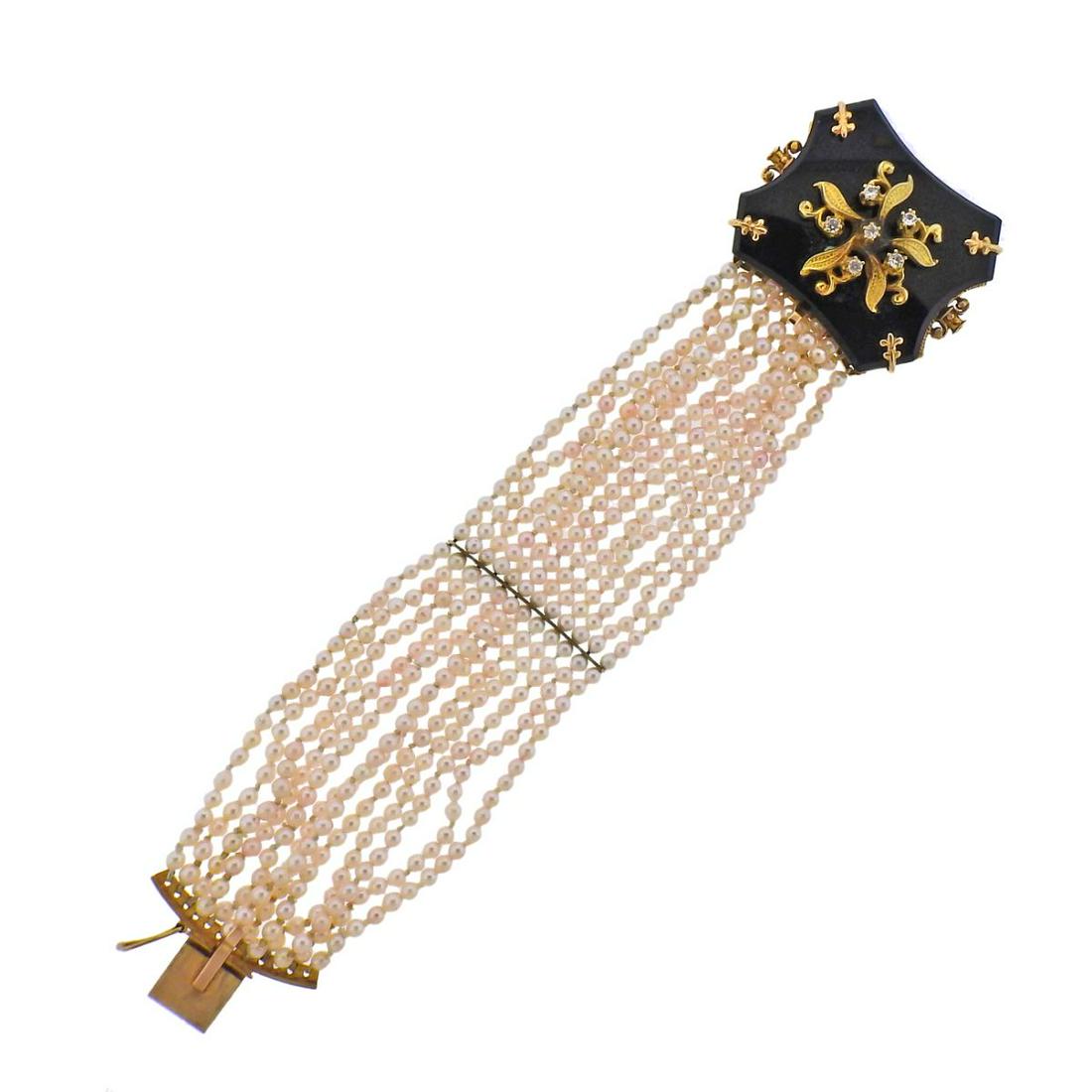 Antique 14k Gold Pearl Onyx Diamond Bracelet (1 of 6)