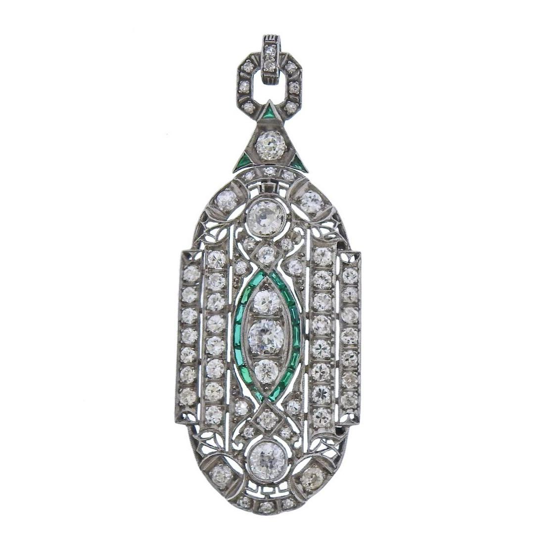 Art  Deco Platinum Diamond Emerald Pendant Brooch (1 of 4)