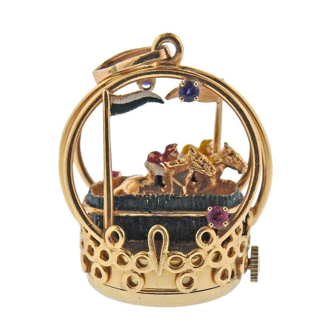 14k Gold Enamel Sapphire Ruby Ravcing Horse Mechanical (1 of 4)