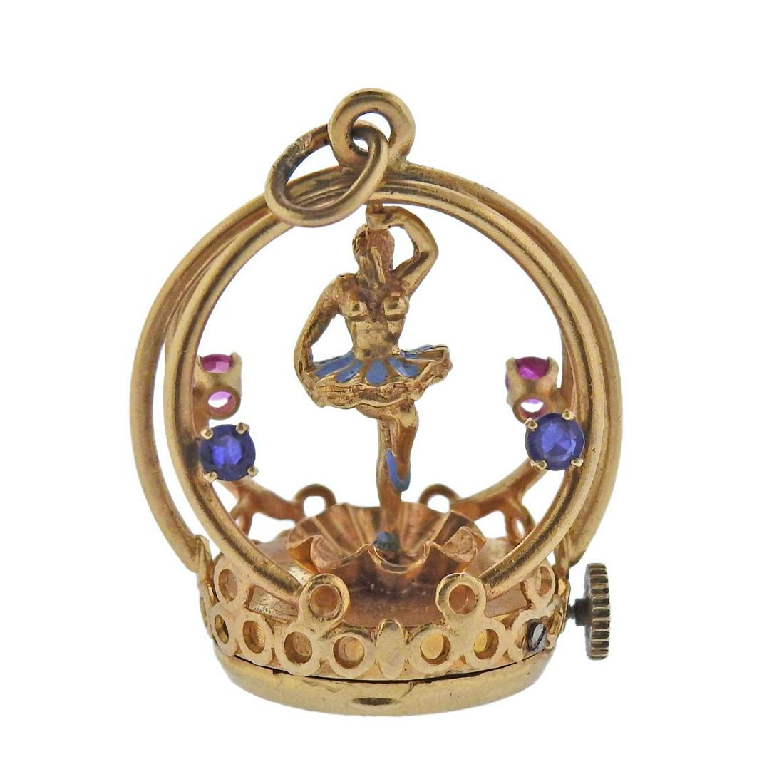 14k Gold Gem Set Enamel Functioning Ballerina Charm (1 of 4)