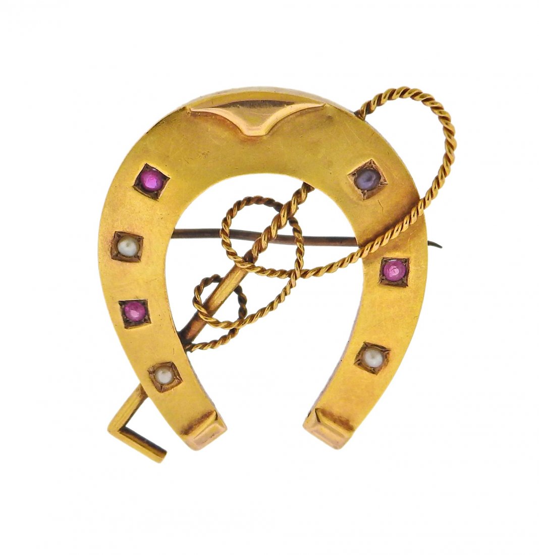 Antique Victorian 18k Gold Pearl Ruby Horseshoe Brooch (1 of 3)