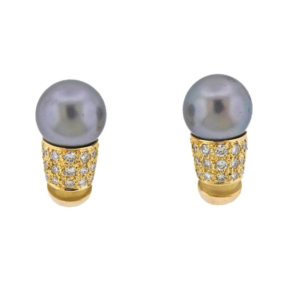 Mauboussin 18k Gold Tahitian Pearl Diamond Earrings: Pair of 18k gold earrings by Mauboussin, with approx. 0.40ctw in diamonds and 9mm Tahitian pearls. Earrings are 19mm long. Marked: Mauboussin Paris, 18k, French marks, A0833. Weight - 9.3 grams.