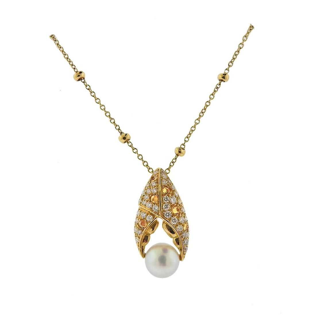 Stephen Webster Jewels Verne Crab Pincer Diamond Pearl: Pearl Diamond & Yellow Sapphire Crab Pincer Pendant Necklace crafted by Stephan Webster. Measurements- chain is 17" long, pendant measures 10mm x 20mm. Marked - makers mark SW, 750. Weight -5.7 grams.