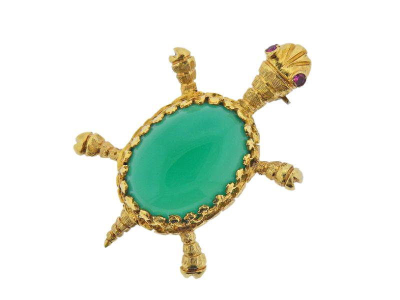 18k Gold Chrysoprase Ruby Turtle Brooch Pin (1 of 3)