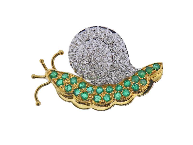 18k Gold Diamond Emerald Snail Brooch Pin (1 of 3)