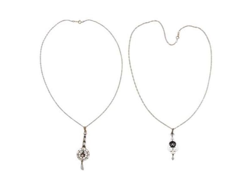 Antique Lavalier 14k Gold Diamond Pearl Onyx Necklace (1 of 3)