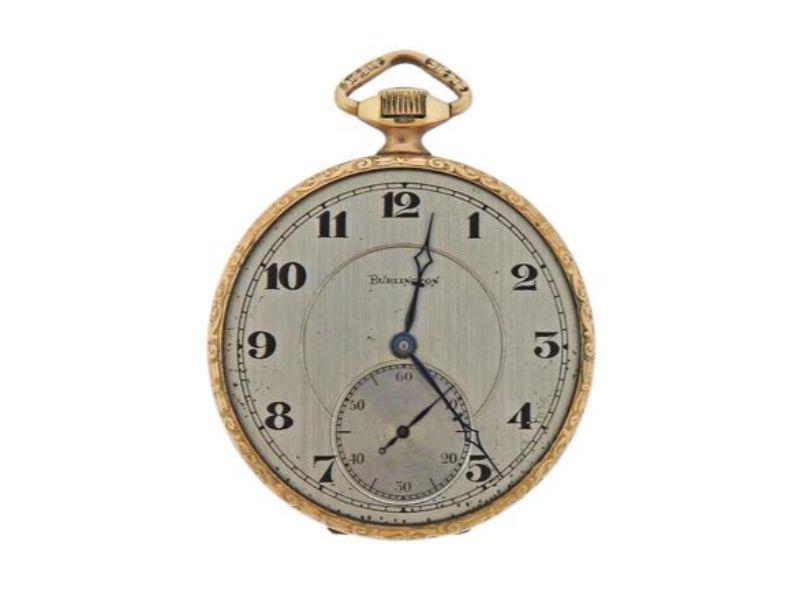 Burlington Railroad Grade 14k Gold Filled Pocket Watch: Burlington Vintage Pocket Watch. Material - 14k yellow gold filled. Measurements - 48mm x 55mm. Movement - manual wind, 21 jewels, not in running order- but balance wheel is NOT broken.