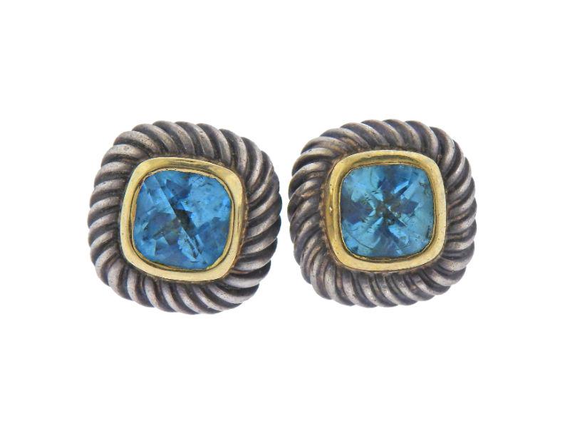David Yurman Silver 14k Gold Blue Topaz Cable Earrings (1 of 3)