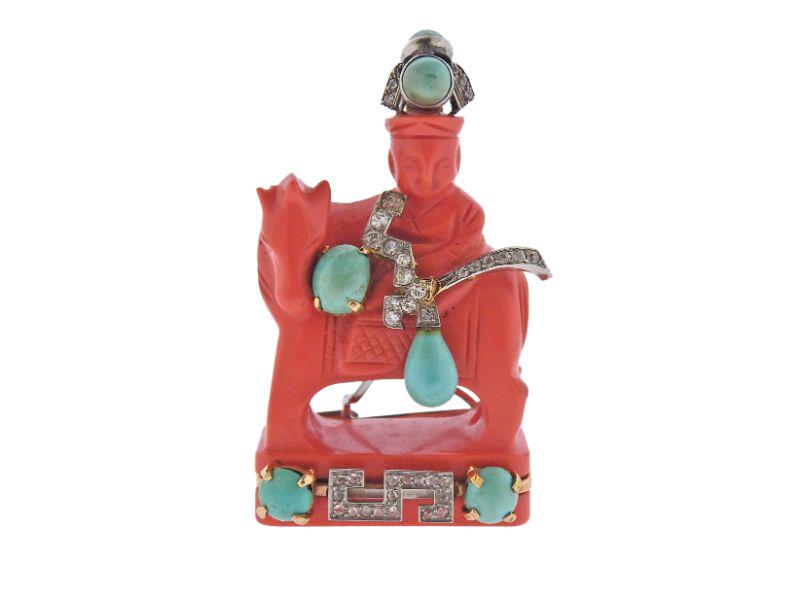 Seaman Schepps Carved Coral Turquoise Diamond 18k Gold (1 of 5)