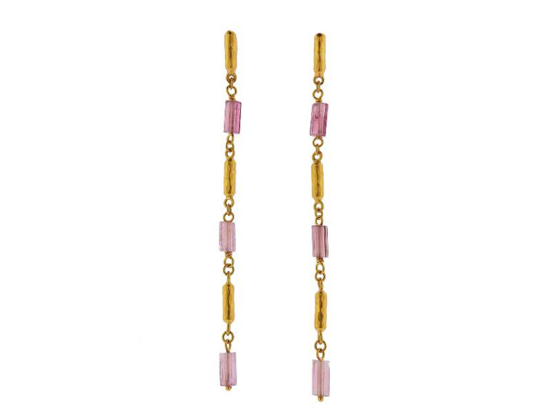 Gurhan 24k Gold Pink Tourmaline Long Drop Earrings: Pair of 24k gold long drop earrings by Gurhan, with pink tourmaline tubes. Earrings are 73mm long. Marked: Gurhan, EA48180, 0.990. Weight - 4.6 grams.