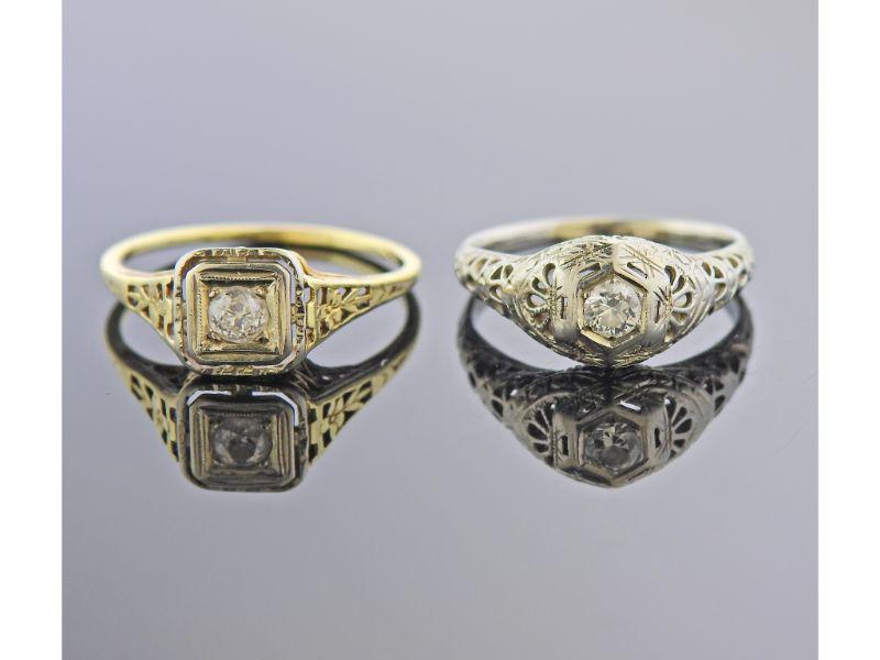 Art Deco 14k 18k Gold Diamond Engagement Ring Set 2pc (1 of 3)