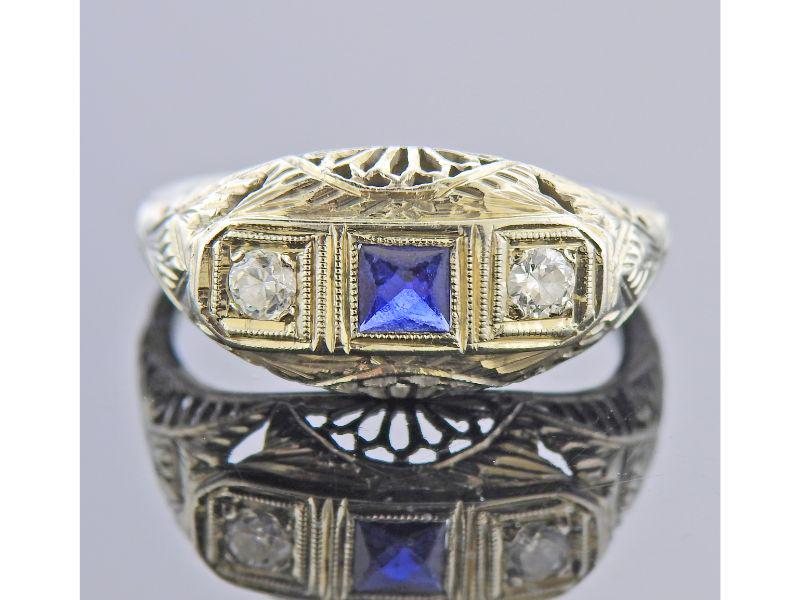 Art Deco 18k Gold Diamond Blue Stone Ring (1 of 3)
