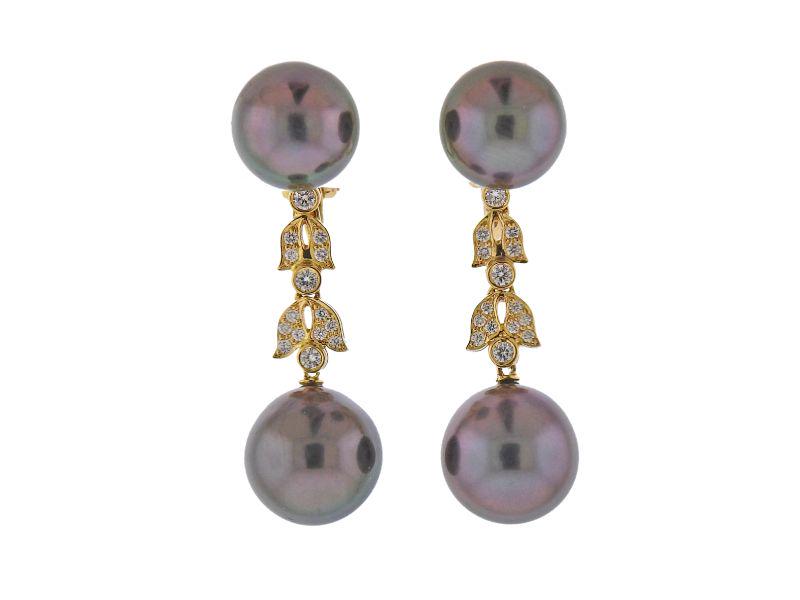 Assael Tahitian South Sea Pearl Diamond 18k Gold: Pair of new 18k gold earrings by Assael, with 11mm - 12mm Tahitian South sea pearls, and approx. 0.33ctw in diamonds. Retail $9500, come with pouch. Earrings are 41mm long. Marked: Assael 750. Weight 