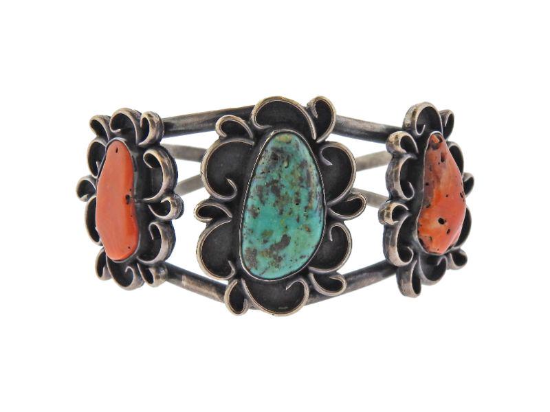Native American Sterling Turquoise Coral Cuff Bracelet (1 of 4)