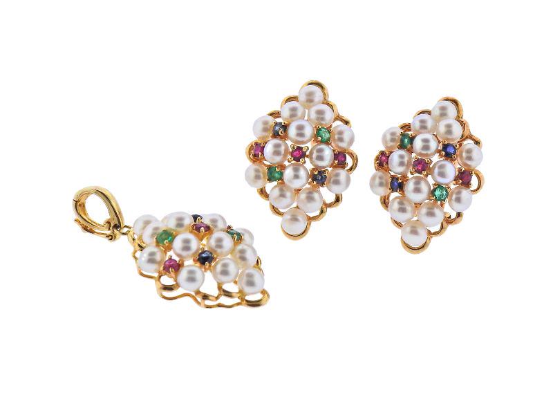 Mid Century 14k Gold Pearl Multicolor Gemstone Earring (1 of 5)