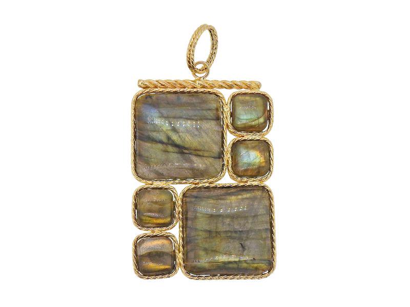 Milor Italy 14k Gold Labradorite Pendant: Milor Italy 14k gold pendant with labradorites. Pendant is 57mm with bale x 32mm. Marked: Milor Italy, 14kt. Weight - 12.7 grams.
