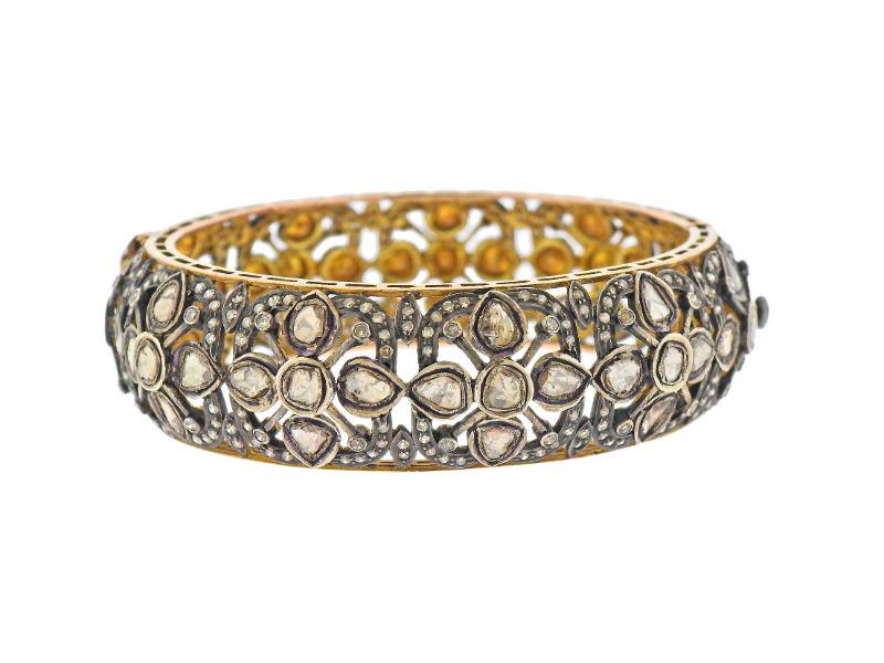 18k Gold Silver Rose Cut Diamond Bangle Bracelet (1 of 4)