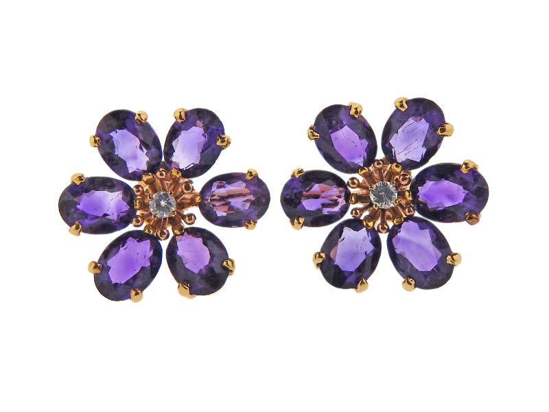 Mid Century 14k Gold Amethyst Diamond Flower Earrings (1 of 4)