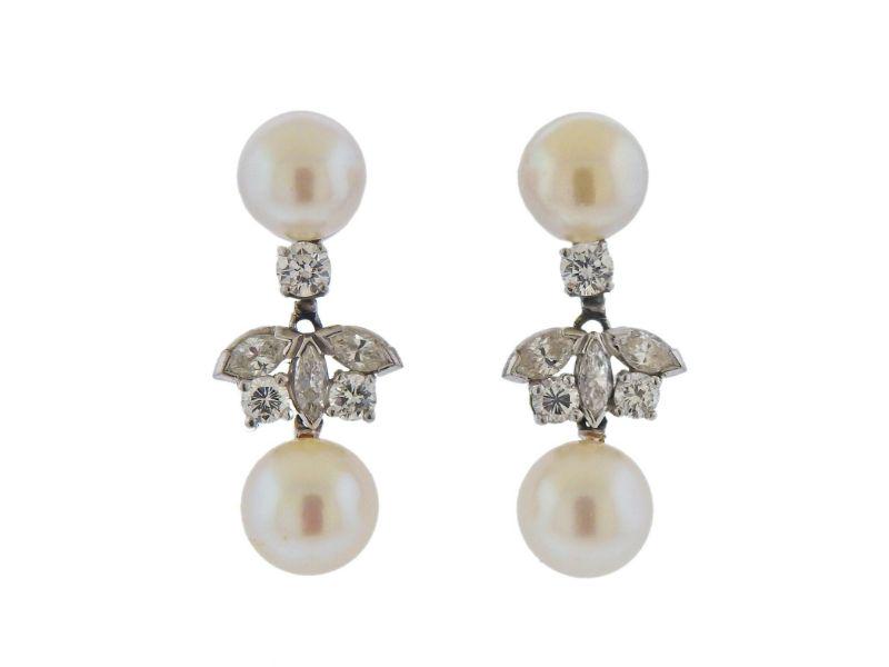 Mid Century 14k Gold Diamond Pearl Drop Earrings (1 of 3)