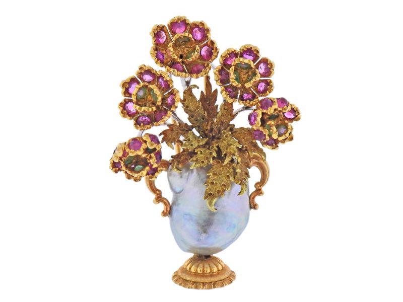 Buccellati 18k Gold Ruby Emerald Baroque Pearl Brooch (1 of 3)