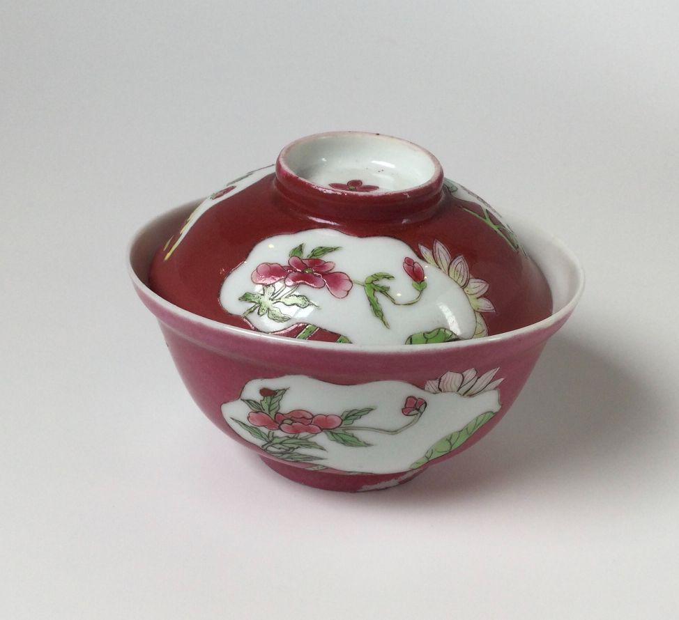 Chinese Famille Rose Lidded Tea Cup: 2 1/2" tall by 3 1/2" in diam. Age appropriate wear from use. Ruff around rims, small flea bites.