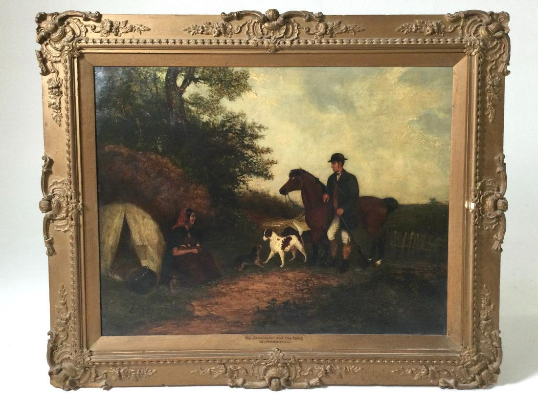 Oil on Canvas of Hunting Camp: Marked on frame Games Keeper and the Gypsy by J Marshall. No signature on canvas. Old repair in sky. Frame has losses.34 1/2” wide by 1 1/2” deep by 28” tall. Please note all images.