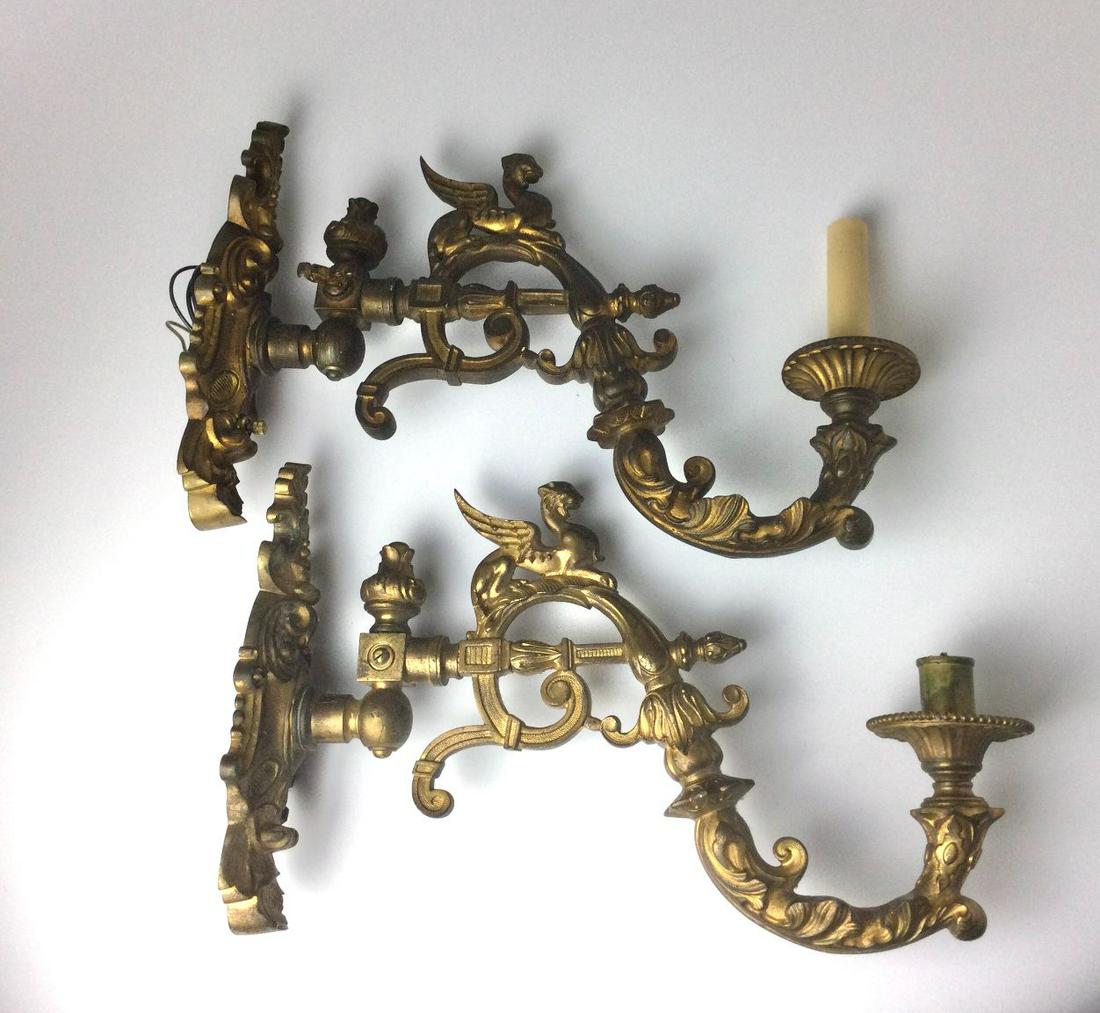Pair Ormolu Sconce of Winged Dragons: 16” by 10” tall. Gilding wis worn and dirty. One has been converted.