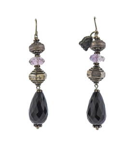 Buccellati Silver Onyx Amethyst Drop Earrings: Pair of sterling silver drop earrings by Mario Buccellati, with onyx and amethyst. Earrings are 70mm long. Marked Mario Buccellati, Dial 1919. Weight - 18 grams.