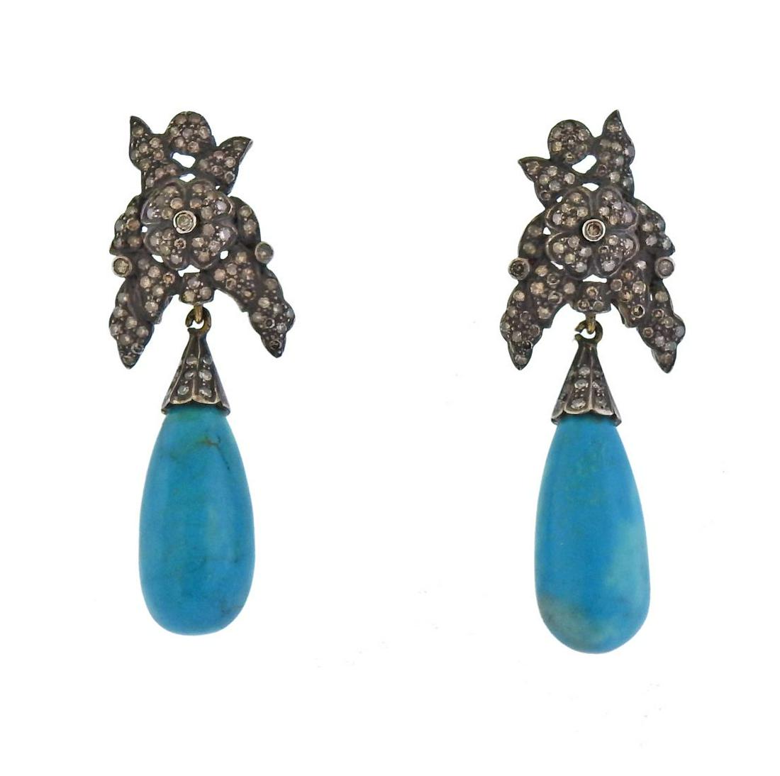 14k Gold Silver Turquoise Rose Cut Diamond Earrings (1 of 3)