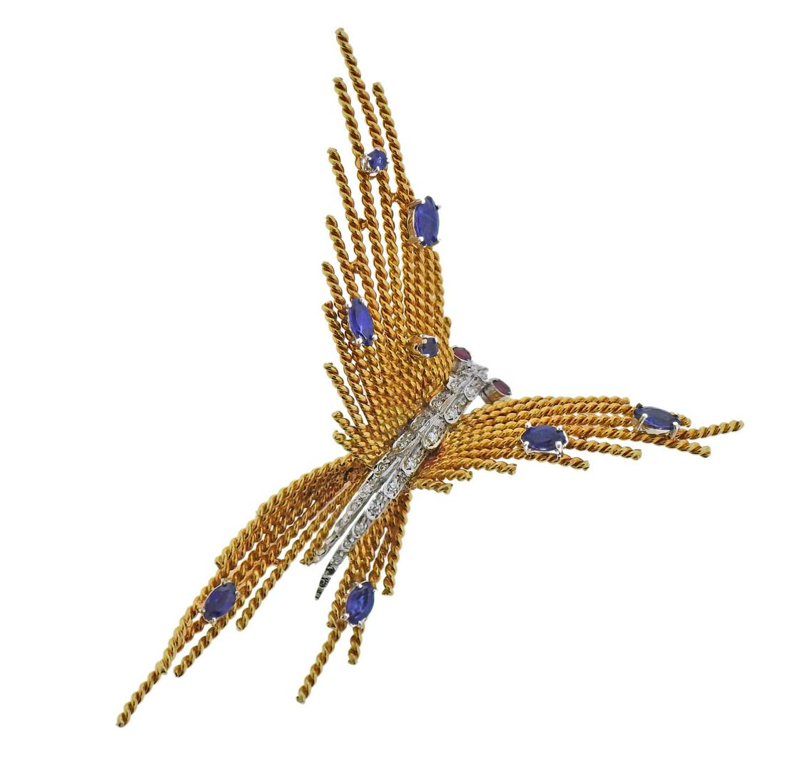 1960s 18k Gold Diamond Sapphire Ruby Butterfly Brooch (1 of 3)