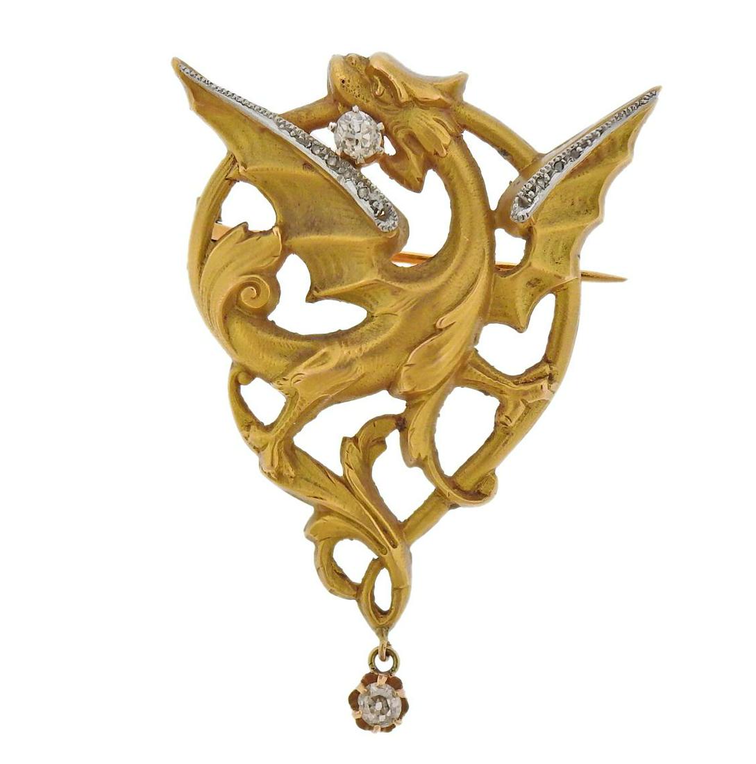French Art Nouveau 18k Gold Diamond Dragon Brooch Pin (1 of 3)