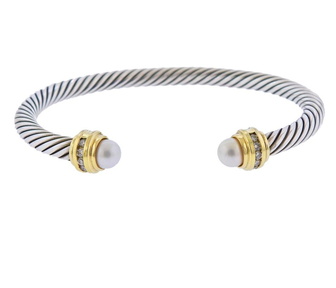 David Yurman 18k Gold Silver Pearl Diamond Cable Cuff (1 of 4)