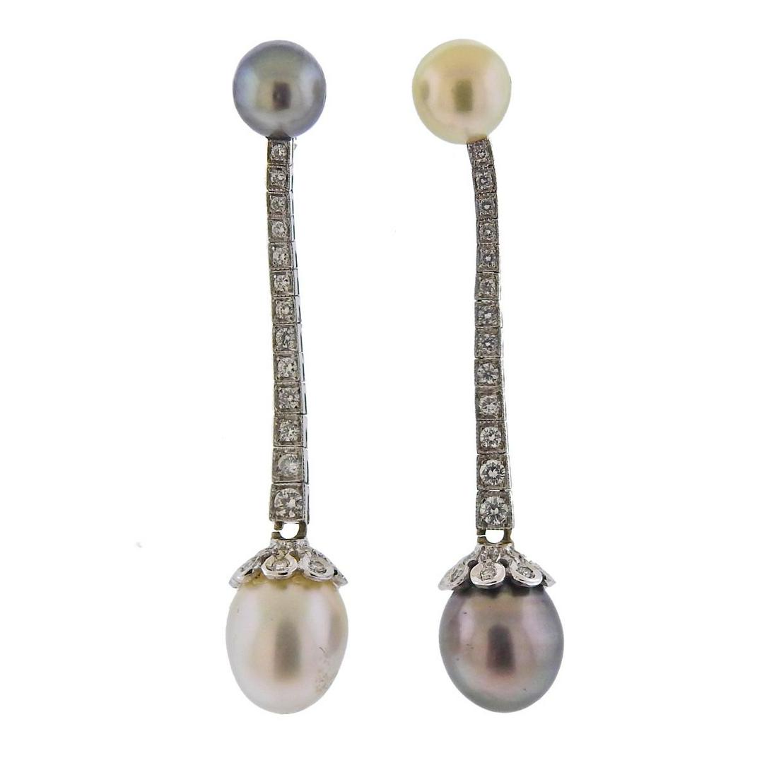 18k Gold Diamond Tahitian South Sea Pearl Drop Earrings (1 of 4)