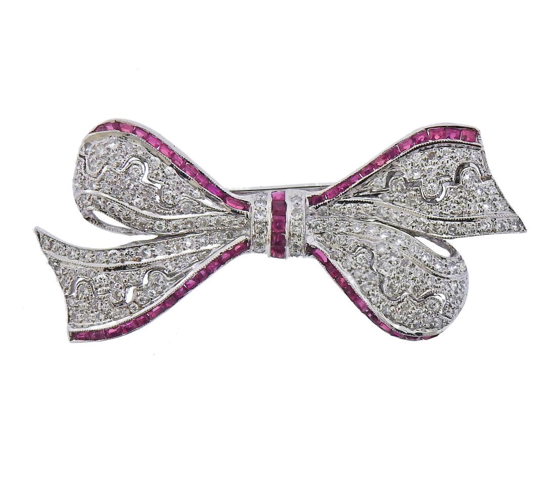 18k Gold Diamond Ruby Bow Brooch Pin (1 of 3)
